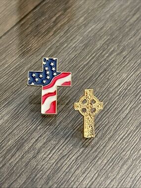 Colorful American Flag Cross Pin & Gold-Tone Celtic Cross Lapel Pin Set